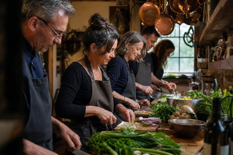 Men and women in their fifties chopping vegetables together at a small evening cooking class