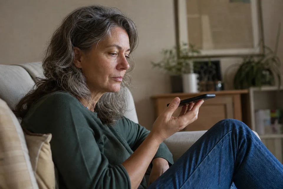 A woman around fifty on her sofa listening to a voice message on her phone