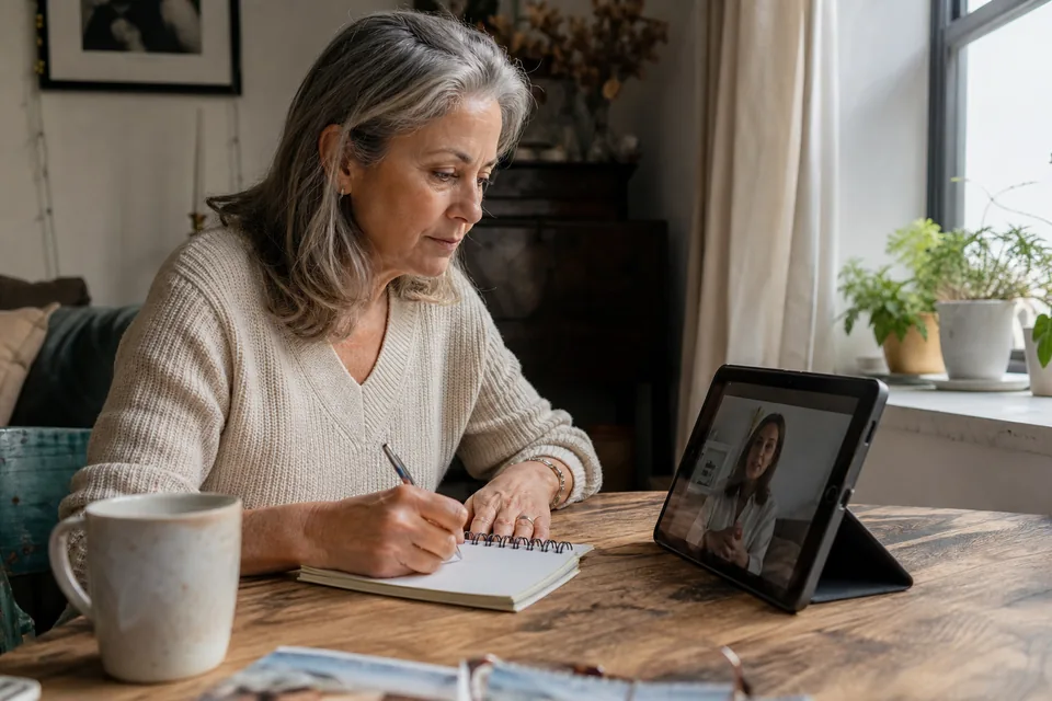 A woman in her mid fifties on a video call with her matchmaker, taking notes at home