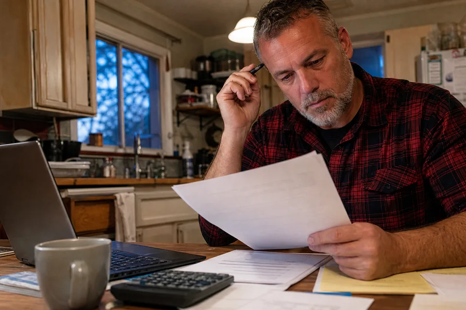 A man in his fifties reading a matchmaking contract at his kitchen table with a calculator