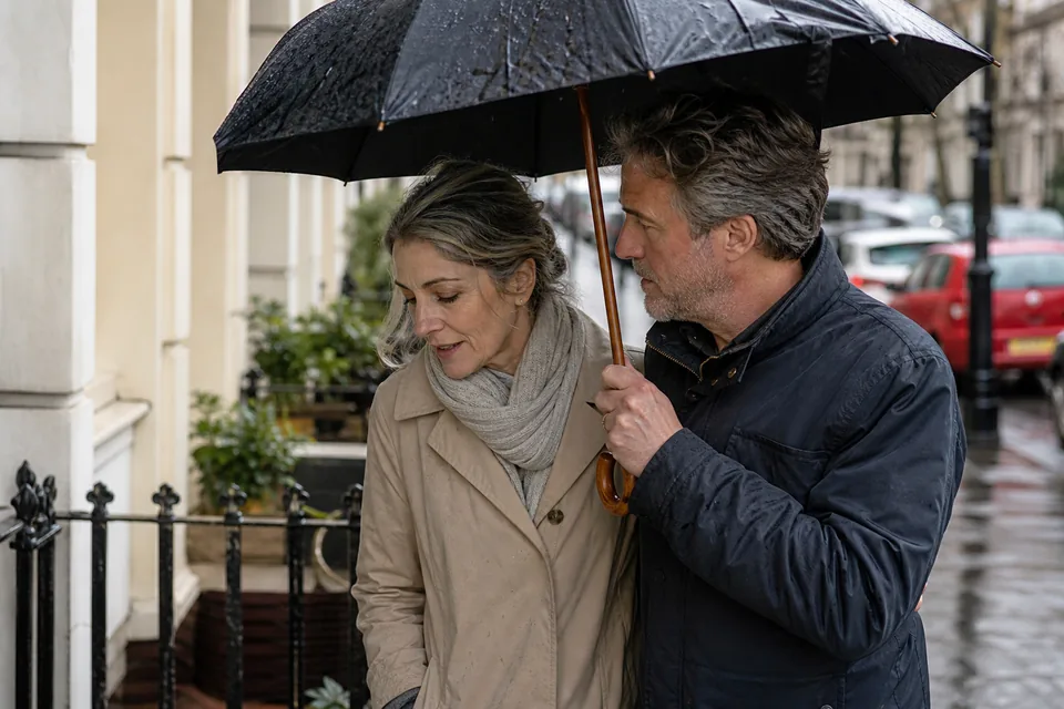 A couple in their mid fifties sharing an umbrella on a rainy London terraced street