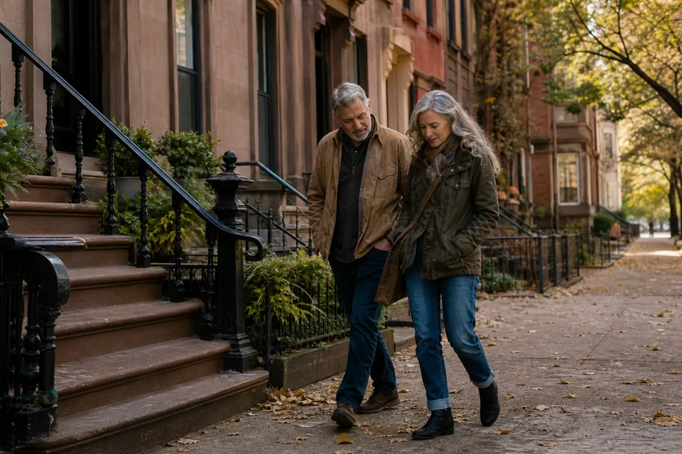 A couple in their mid fifties walking down a tree lined brownstone street in autumn