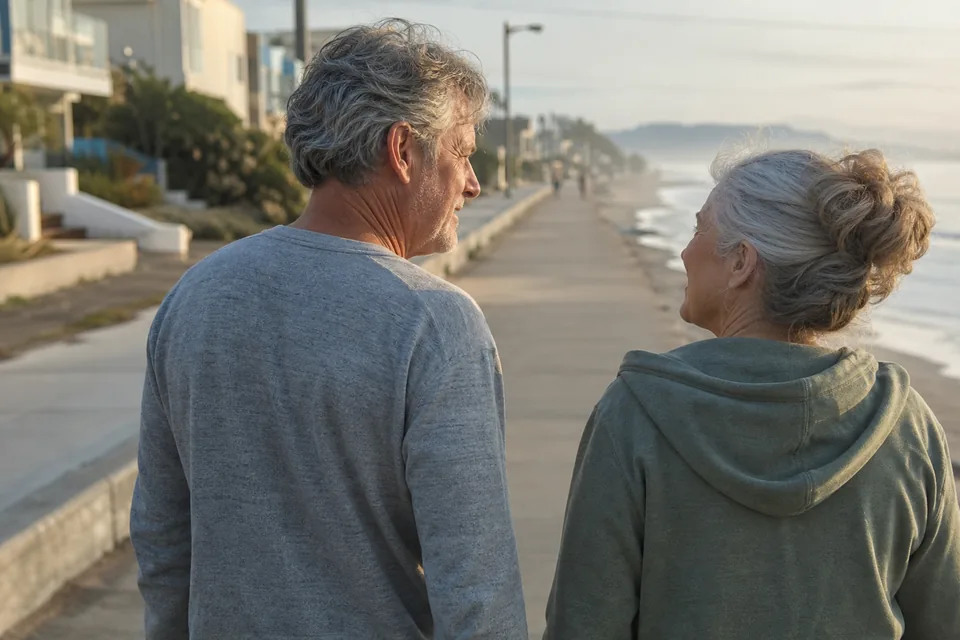 A man and a woman in their early sixties walking on a beach boardwalk in the early morning