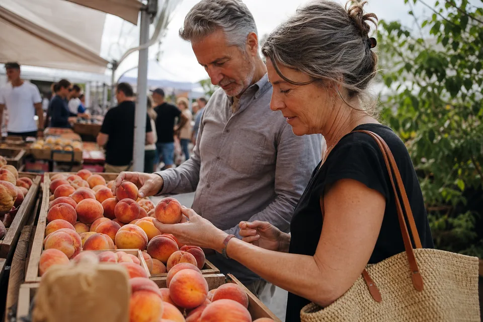 A man and a woman in their late fifties choosing peaches together at a Saturday farmers market