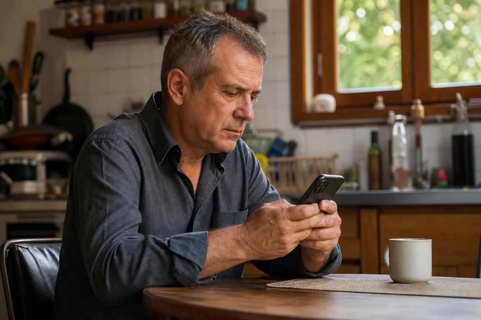 A man around sixty checking a message carefully on his phone at the kitchen table