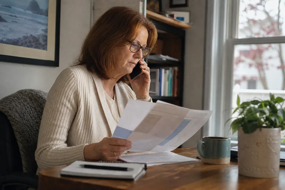 A woman in her mid fifties on a phone call comparing two printed price quotes at her desk