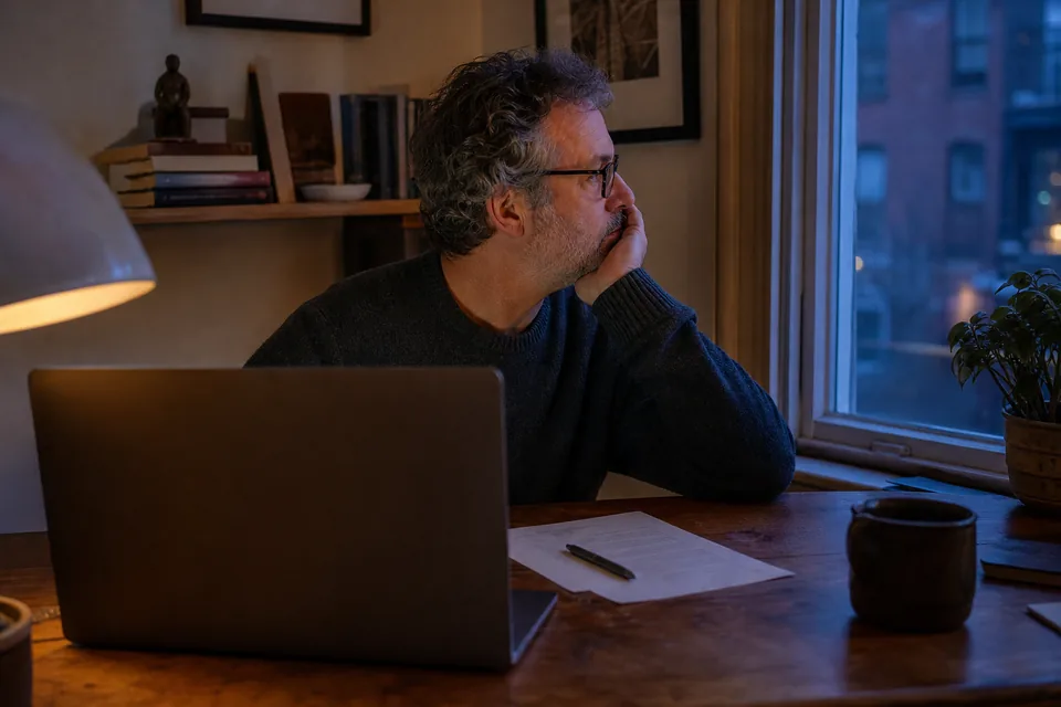 A man in his fifties at his desk weighing a decision in the evening