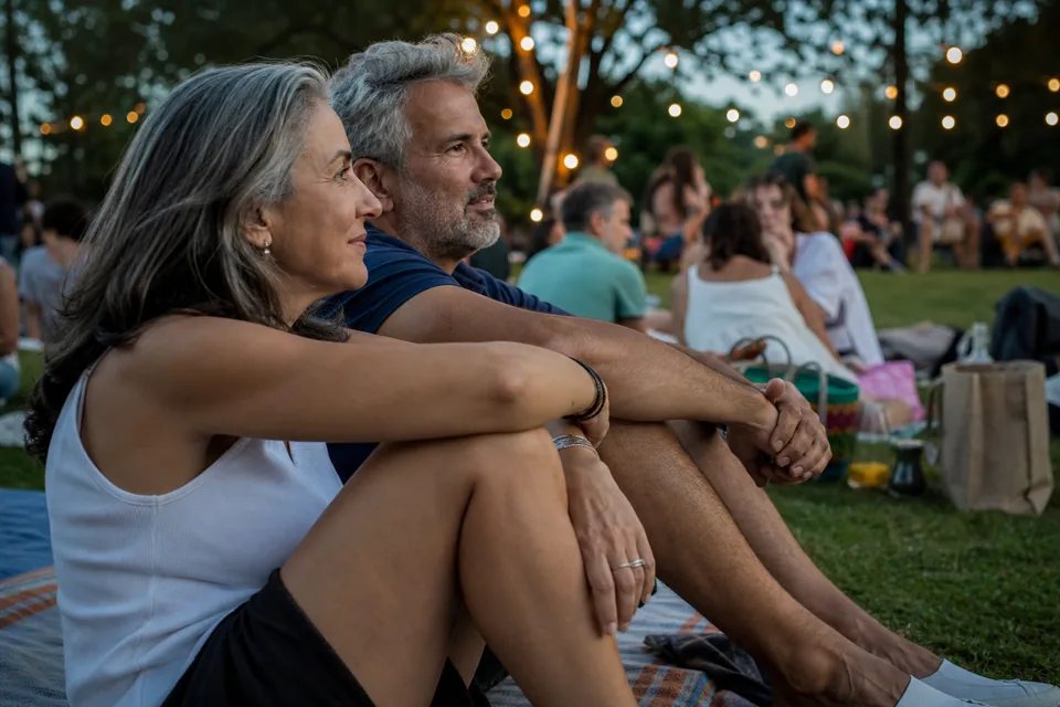 A man and a woman in their mid fifties at an outdoor summer concert on a lawn, sharing a blanket