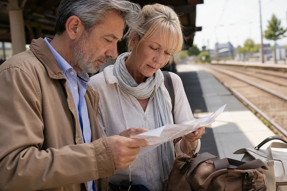 A couple in their late fifties studying a train timetable together on a station platform before a weekend trip