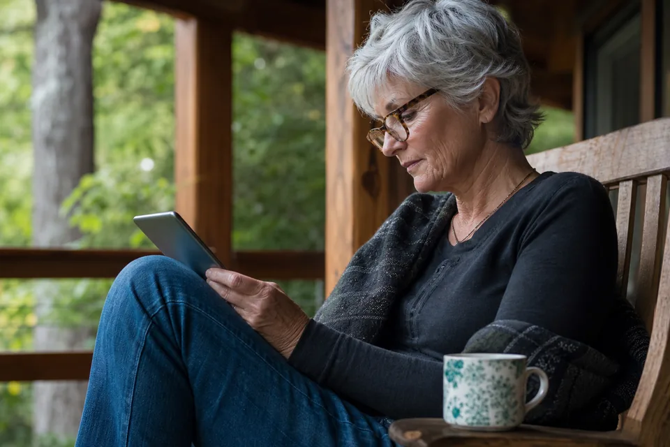 A woman in her early sixties reading calmly on a tablet on a porch