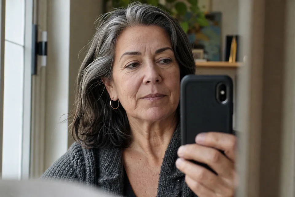 A woman in her late fifties taking a selfie by a window at home