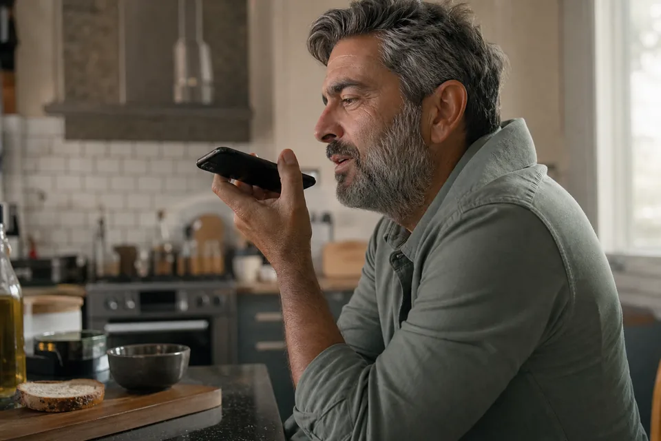 A man in his early fifties recording a voice message on his phone in his kitchen